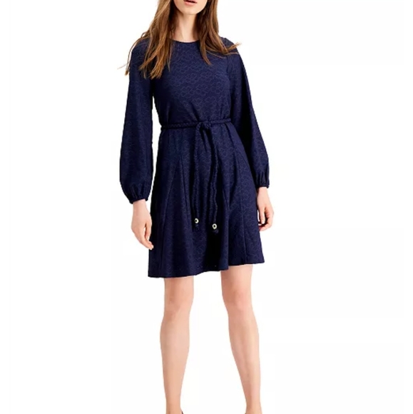 Michael Kors Navy Blue Rope Tie Waist Eyelet Dress - Picture 9 of 14